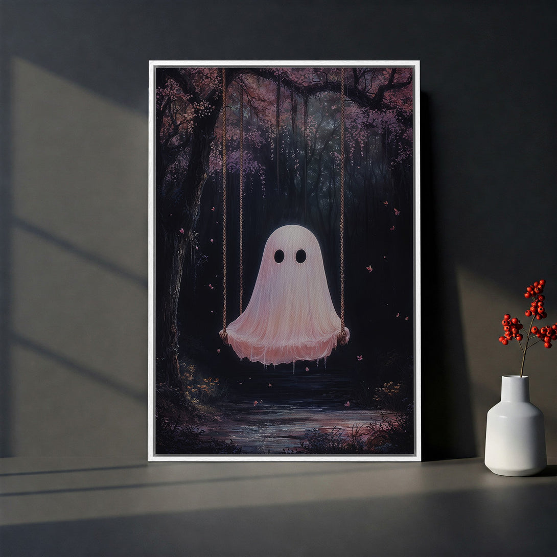 Framed Wall Art: Whimsical ghost on a swing in a dark forest scene. Pastel pink and purple color palette. Perfect for adding a touch of spooky charm.