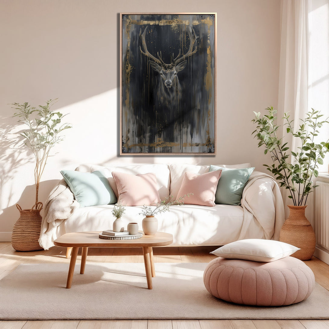 Framed Wall Art featuring a majestic stag in a dark, gold-accented abstract style. Adds a touch of elegance to any living room with its neutral palette.