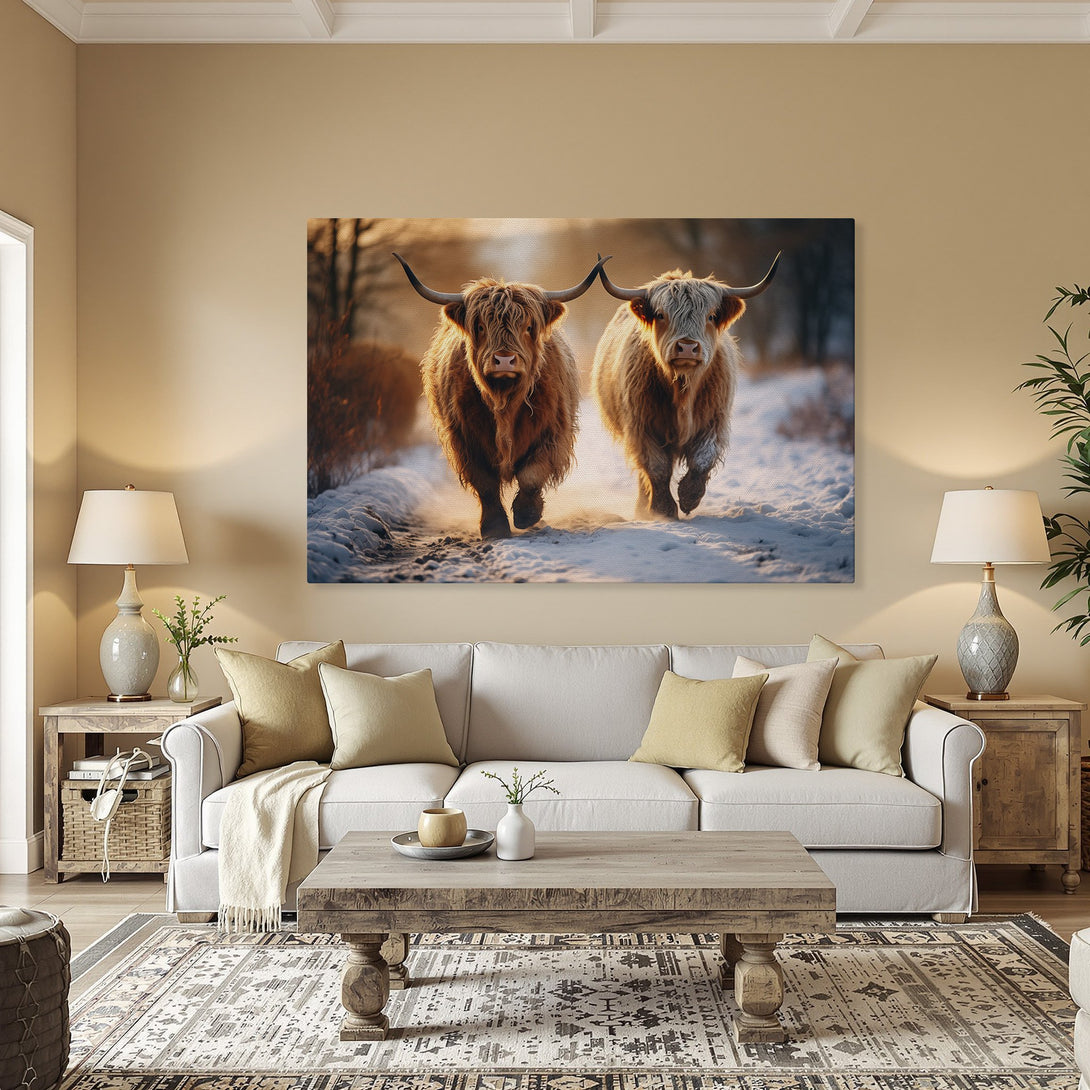 Framed Wall Art: Highland cows in winter landscape. Warm, natural tones. Rustic decor for your home. Canvas Print ready to hang!