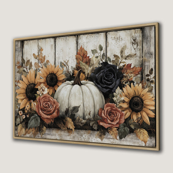 Framed Wall Art featuring a rustic floral still life with pumpkin, sunflowers, and roses. Warm autumnal color palette, perfect for fall decor.
