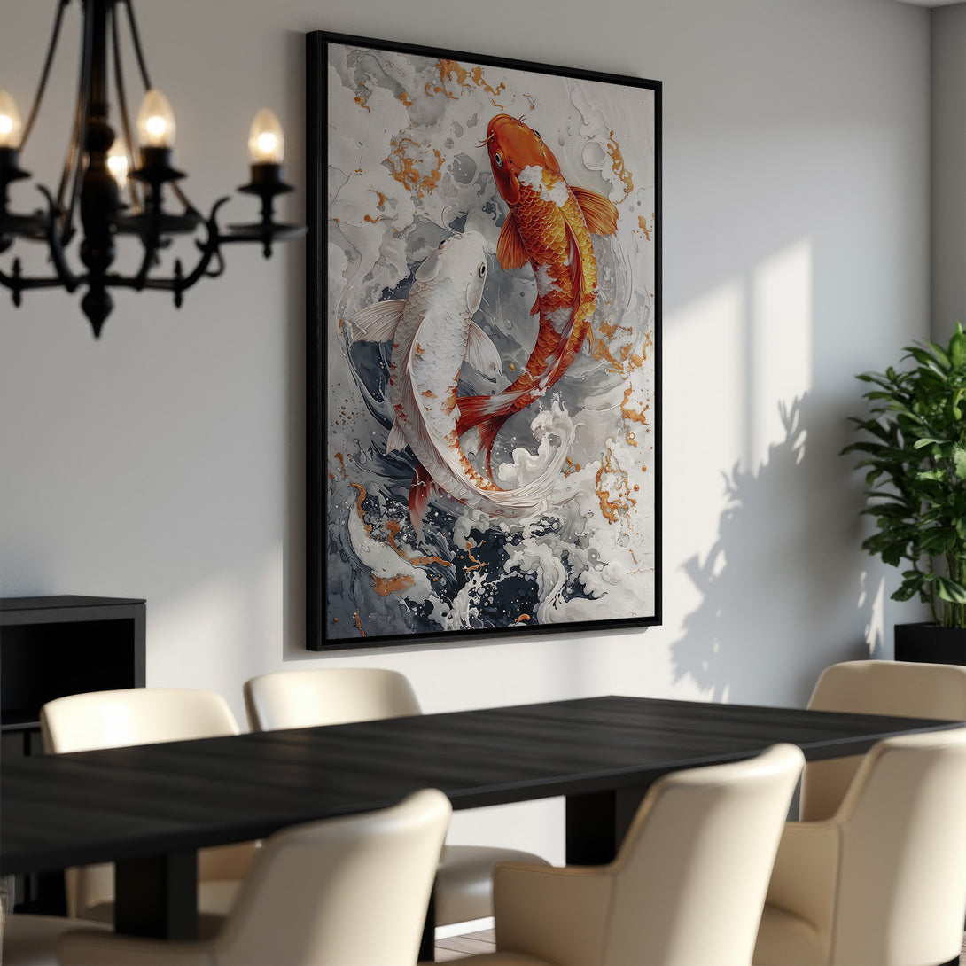 Framed Wall Art featuring koi fish in a modern style with a gray, orange, and white color palette. Perfect for adding a touch of elegance to any room.