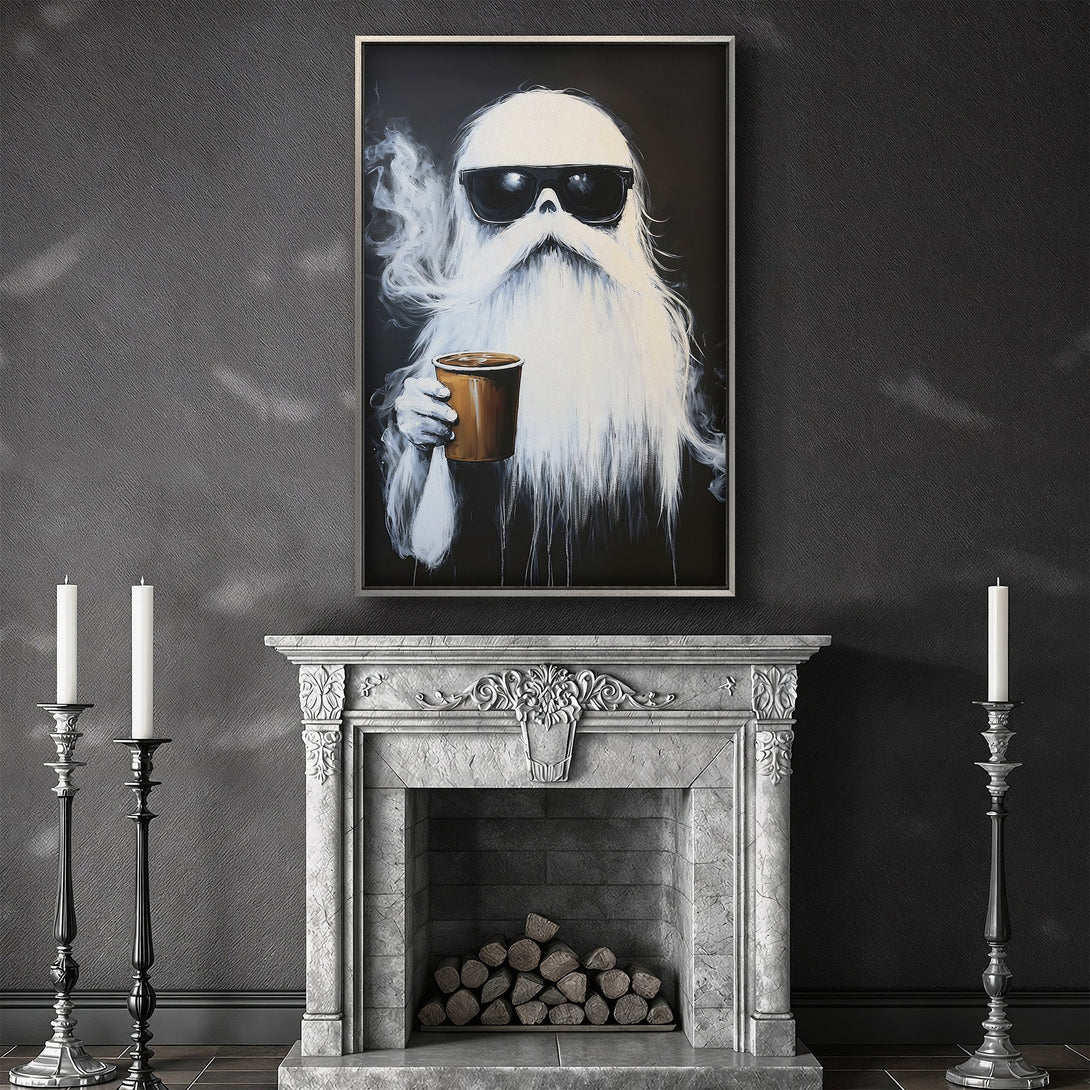Framed Wall Art featuring a cool, white-bearded character in sunglasses, holding a coffee cup. Modern, black and white art with a touch of brown.