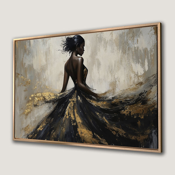 Framed Wall Art: Elegant woman in black & gold dress, abstract art style. Neutral color palette. Perfect for modern home decor.