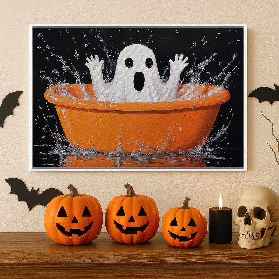 Framed Wall Art featuring a playful ghost in an orange tub, perfect for Halloween decor. Black, white, and orange color palette. Add spooky charm to your home!