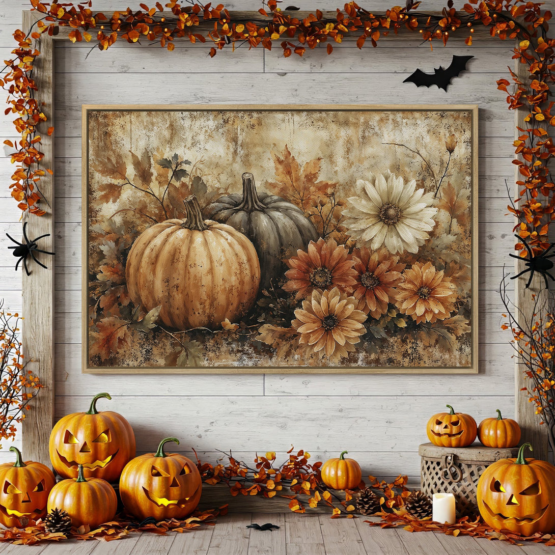 Framed Wall Art: Autumnal pumpkins & flowers in warm tones. Perfect fall decor, adds cozy style to any room. Shop now!