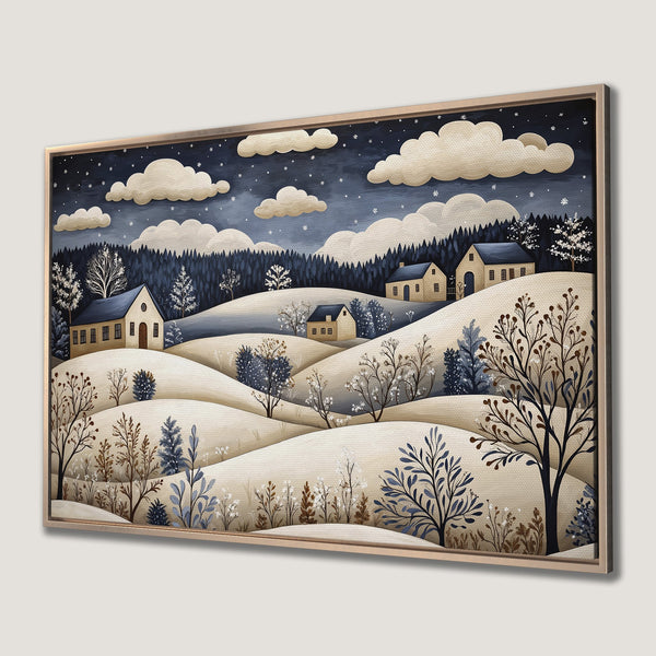 Framed Wall Art featuring a whimsical winter landscape with houses, trees, and snow in a blue, beige, and brown color palette. Perfect for cozy decor!