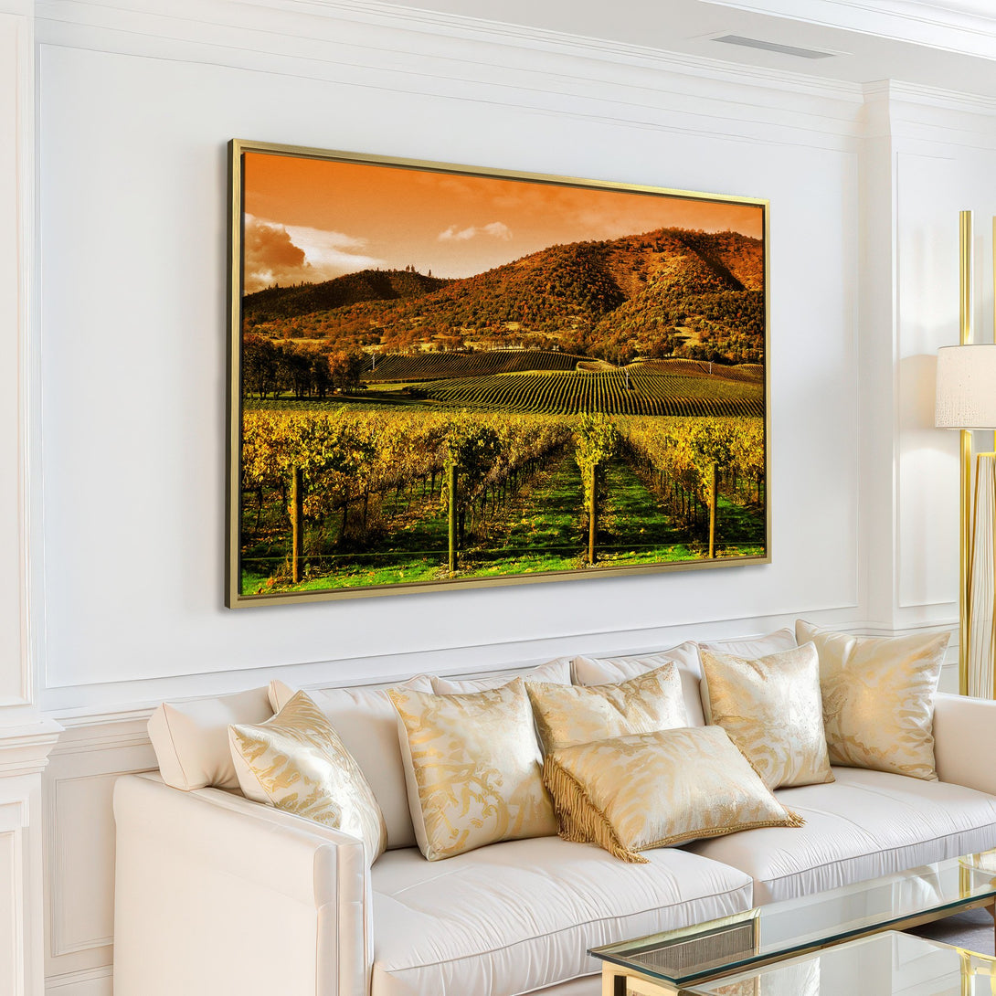 Canvas Print of a vineyard landscape in warm yellow and green tones, adding a touch of nature to any space.
