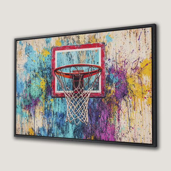 Framed Wall Art: Abstract basketball hoop with vibrant paint splatter. Colorful canvas print featuring blue, yellow, purple, and red hues. Perfect modern wall decor.