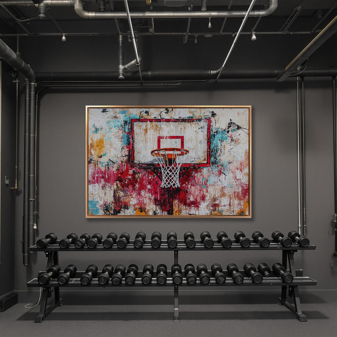 Framed Wall Art: Abstract basketball hoop art with vibrant red, blue, and yellow colors. Modern decor for gym or home. Canvas Print available.