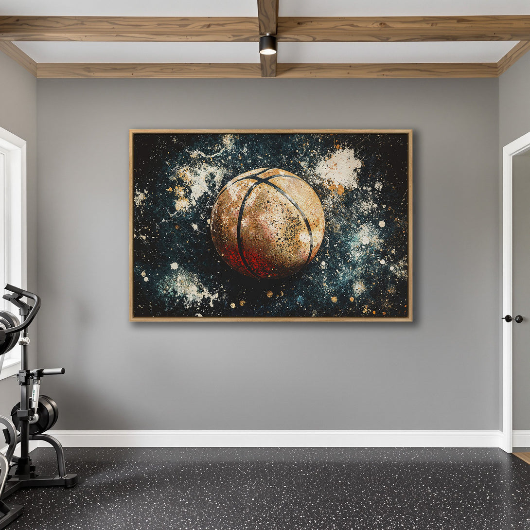 Framed Wall Art: Abstract basketball art in a modern style. Features a dark teal, orange, and white color palette. Perfect for a gym or sports-themed space.
