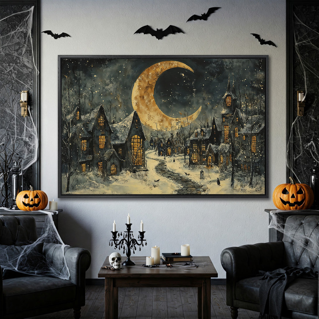 Framed Wall Art: Spooky Halloween village scene with a golden moon, dark blue and gold color palette. Perfect for adding a touch of eerie charm to your home.
