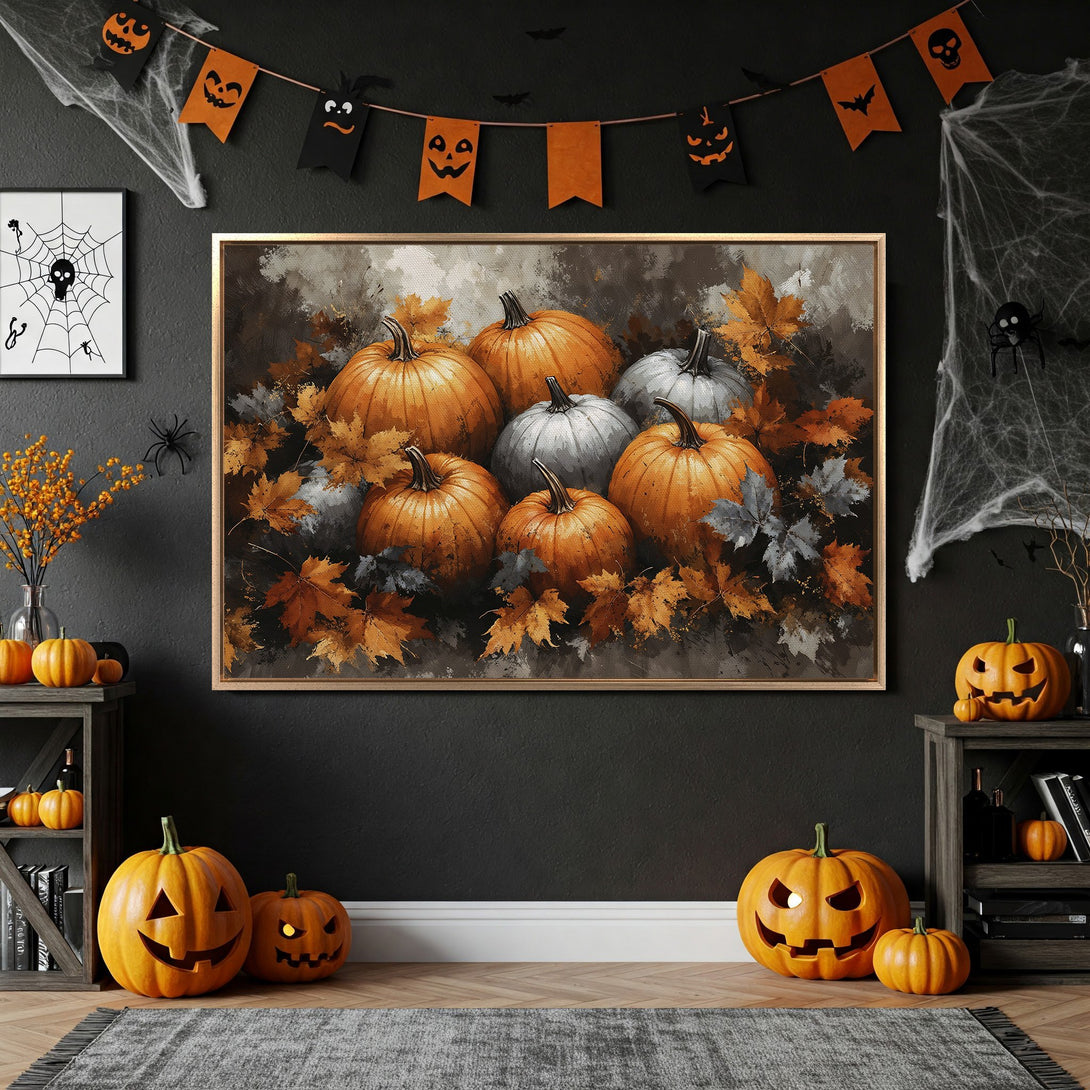 Framed Wall Art: Halloween pumpkin painting in warm orange and gray tones. Perfect fall decor for a cozy, spooky interior. Shop now!