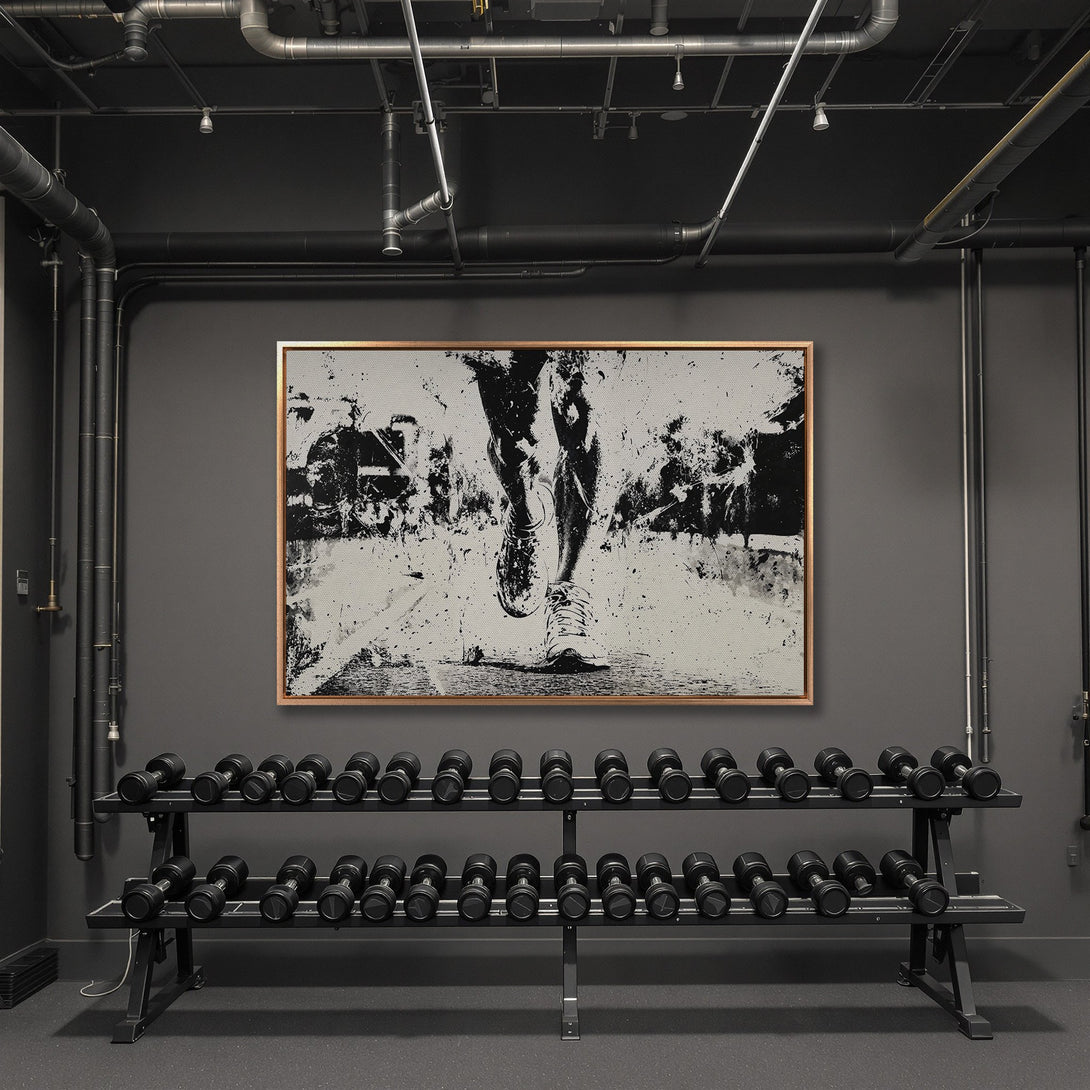 Framed Wall Art: Abstract running legs in black and white. Modern art canvas print adds a dynamic touch to any space. Perfect for gym or home decor.
