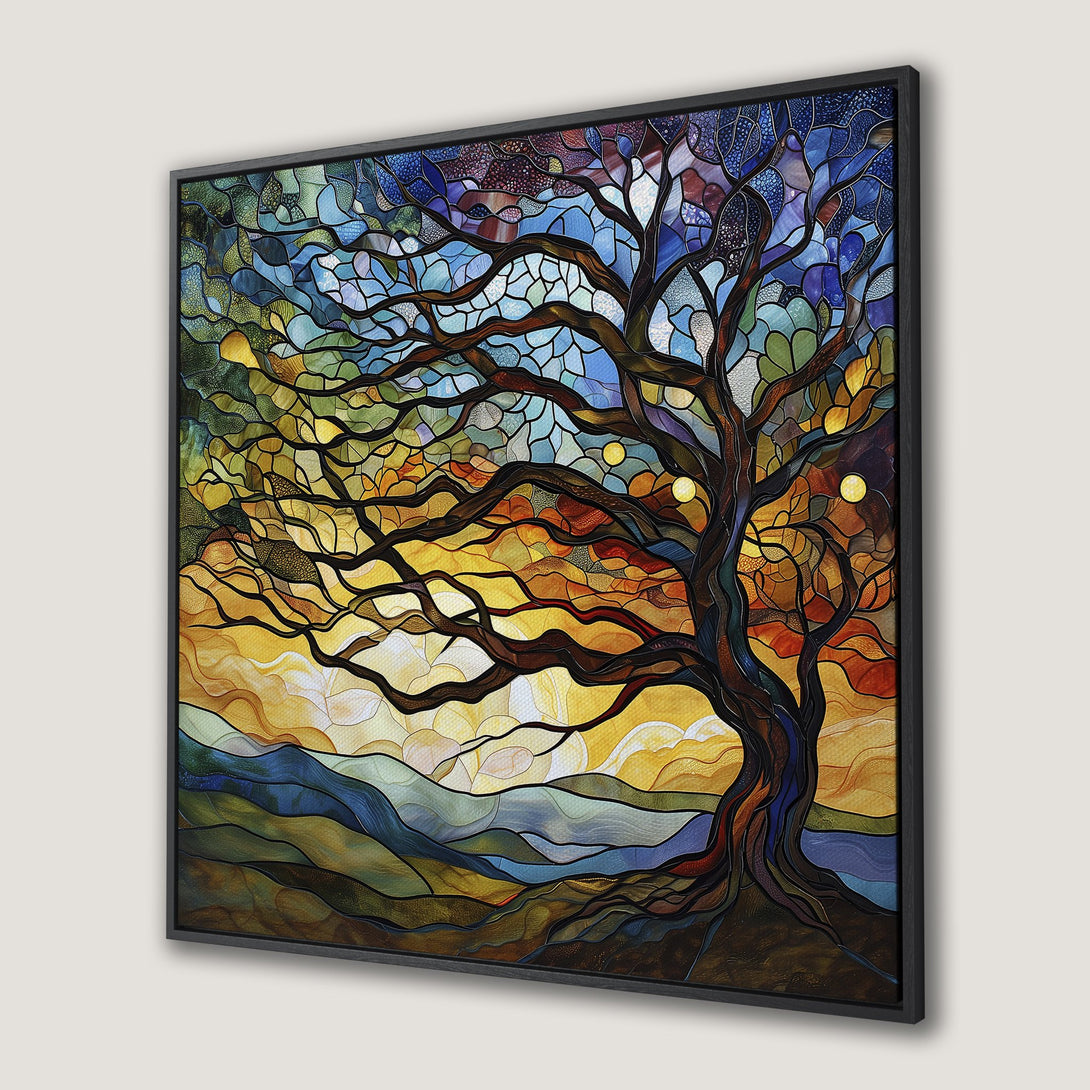 Framed Wall Art: Stained glass style tree canvas print with warm sunset colors. Add artistic flair to your home decor with this vibrant artwork.