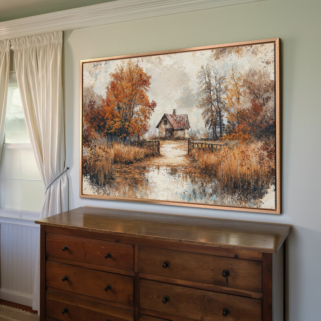 Framed Wall Art: Rustic landscape Canvas Print with warm autumn colors. Featuring a cozy cabin scene, perfect for adding charm to your home decor.