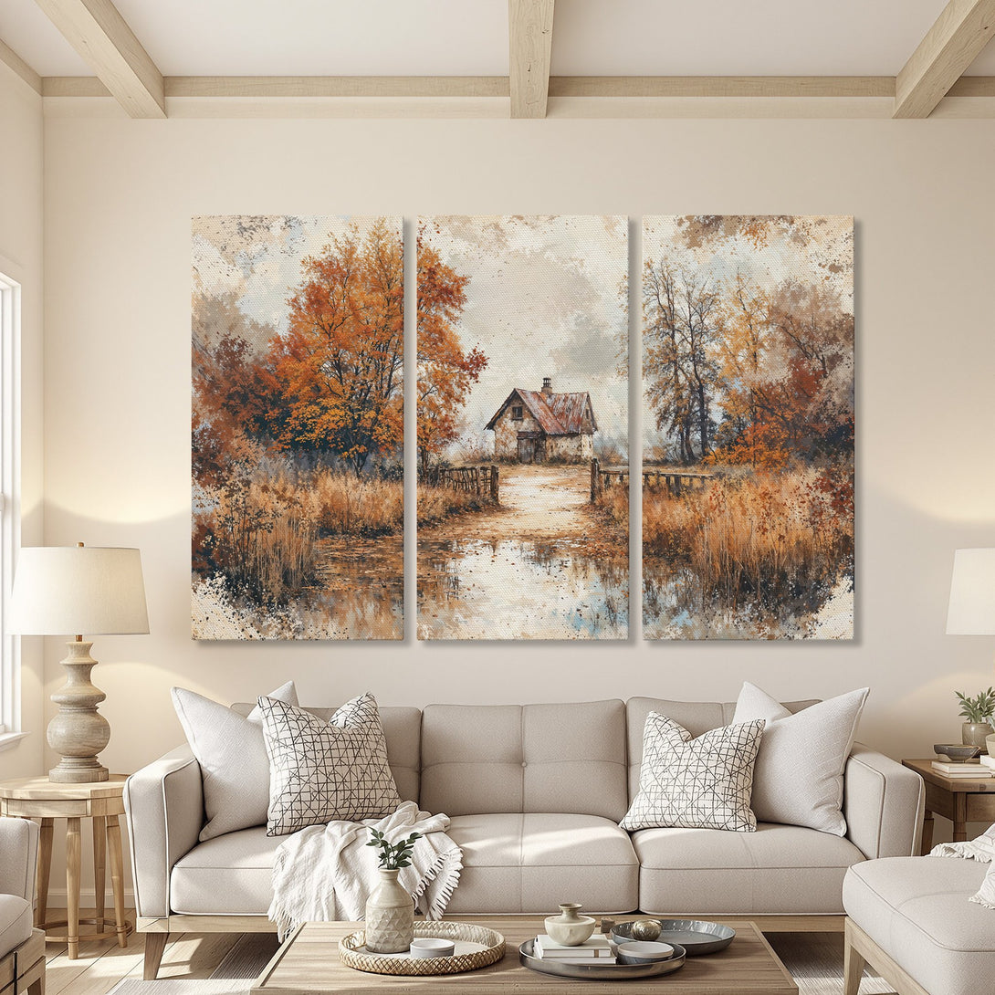 Canvas Print of a serene landscape in warm autumn tones. Featuring a rustic cabin and trees, this art adds cozy charm to any space.