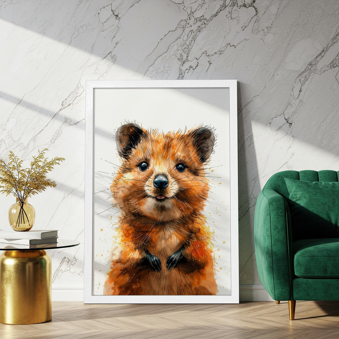Framed Poster featuring a watercolor fox. Warm orange and brown tones with a touch of gold. Perfect art for your home!