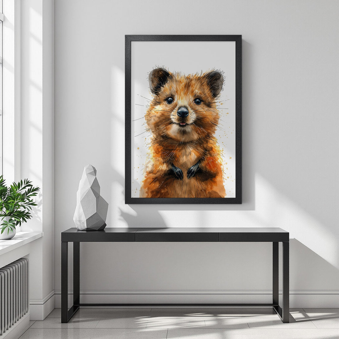 Framed Poster featuring a watercolor quokka. Warm orange and brown tones, perfect for adding charm to your space. Shop now!