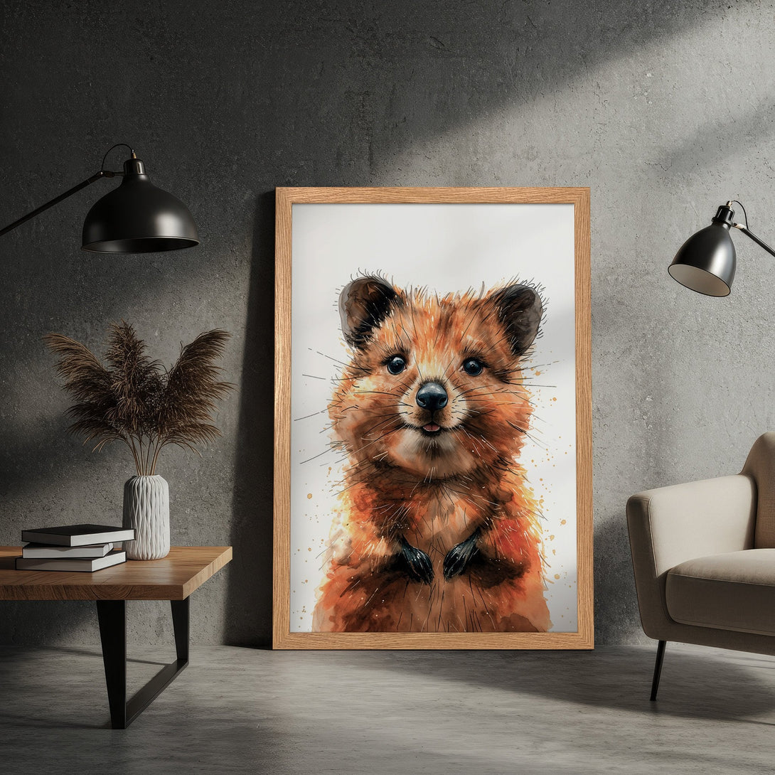 Framed Poster of a cute watercolor fox. Warm orange and brown tones, artistic style, perfect wall art for any room.