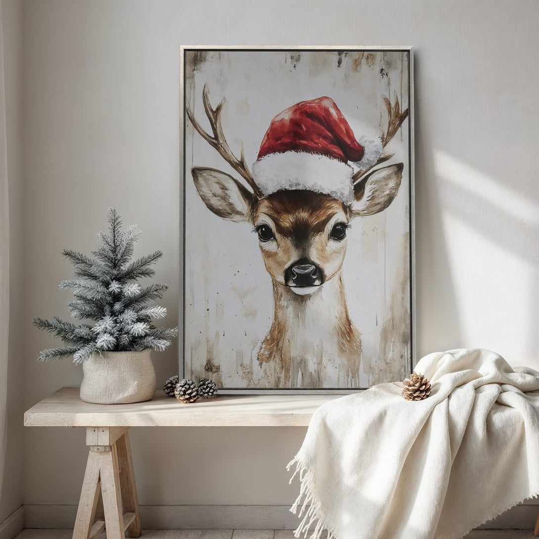 Framed Wall Art: Watercolor deer in Santa hat. Rustic style with warm neutral tones. Perfect Christmas decor for your home!