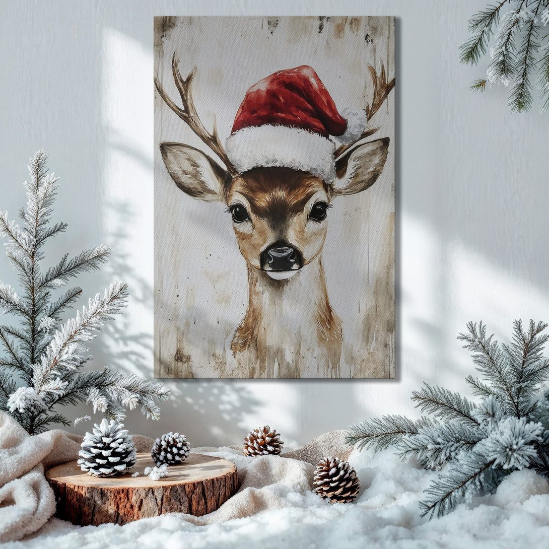 Framed Wall Art: Watercolor deer in Santa hat, warm brown and red tones, perfect for holiday decor. Cozy Christmas scene.