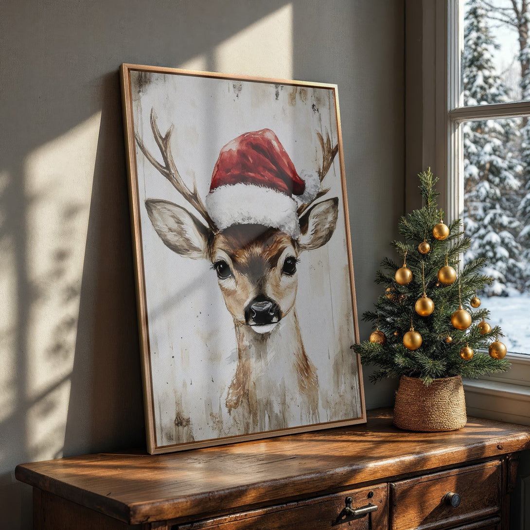 Framed Wall Art: Watercolor deer in Santa hat. Rustic style with warm brown and red tones. Perfect Christmas decor!