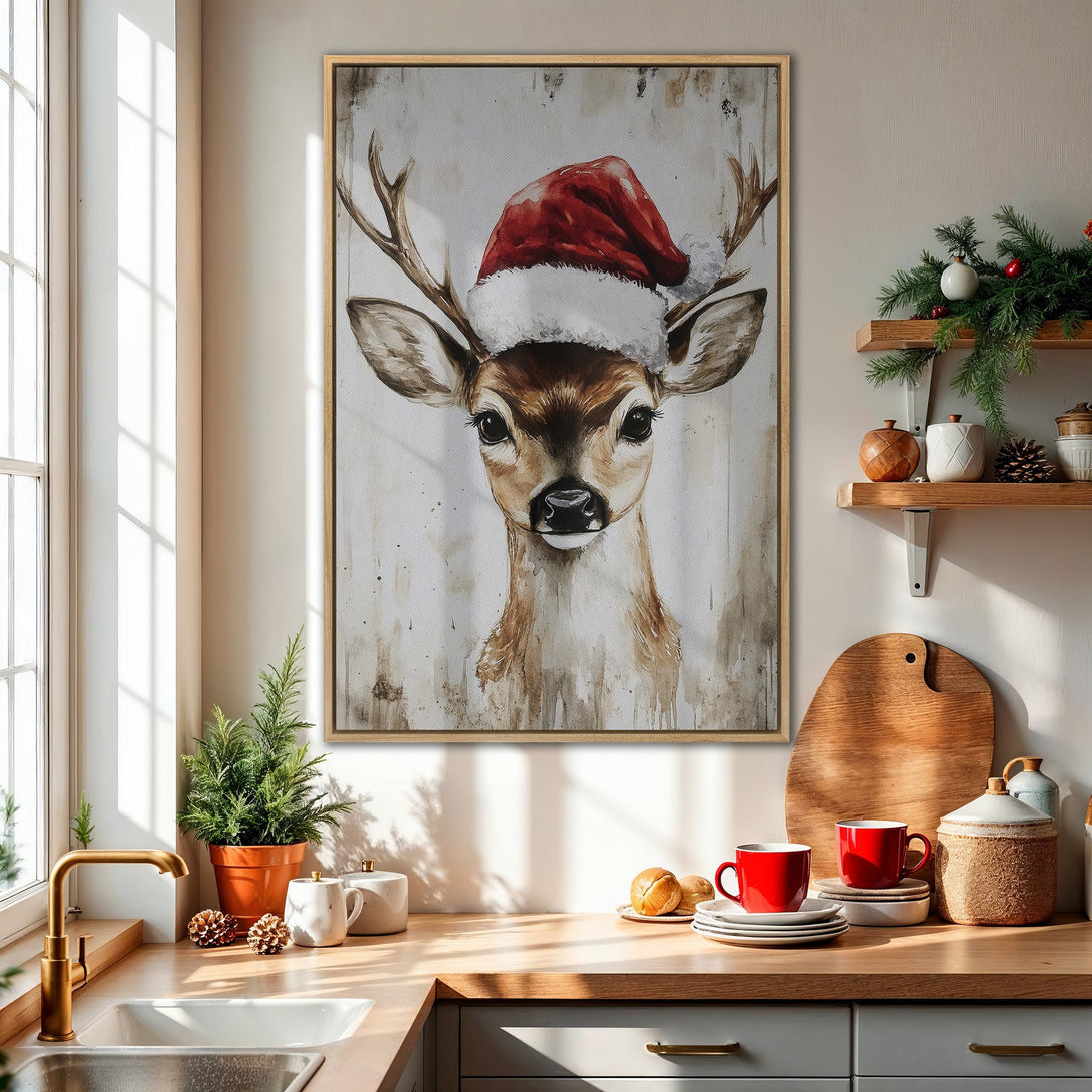 Framed Wall Art: Watercolor deer in Santa hat. Rustic style, neutral & red palette. Perfect Christmas decor for kitchen or living room.