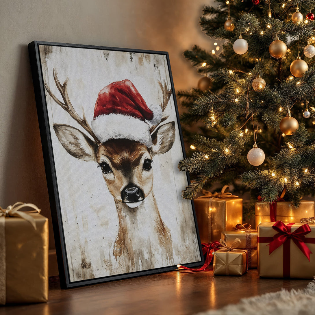 Framed Wall Art: Watercolor reindeer in Santa hat. Warm, neutral color palette. Festive holiday decor. Perfect Christmas gift!