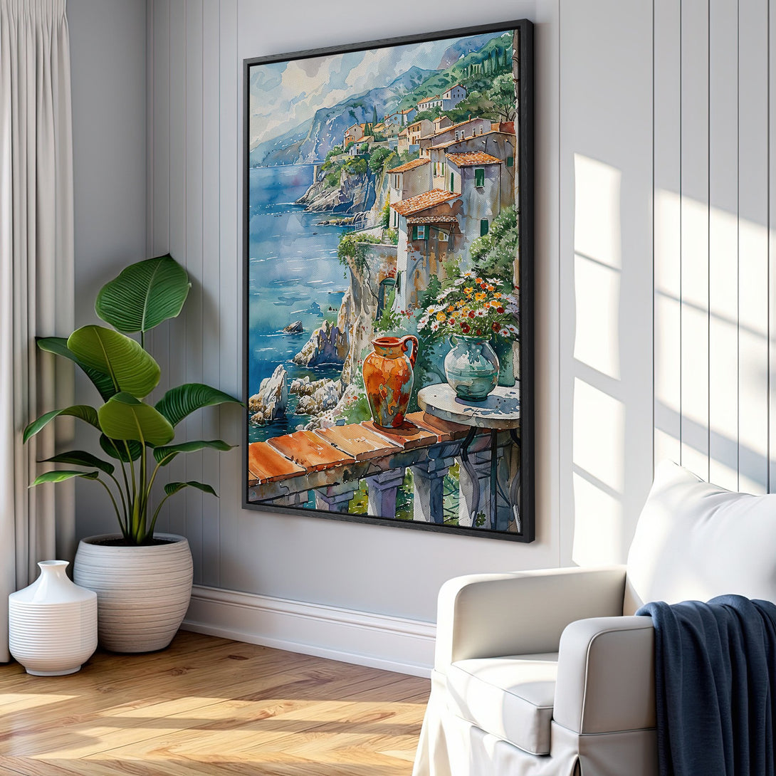 Framed Wall Art: Coastal watercolor print with a Mediterranean village scene. Features blue, green, and earth tones, perfect for adding a touch of elegance to any space.