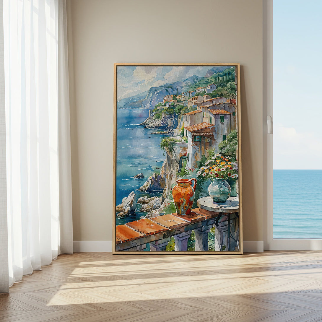Framed Wall Art: Watercolor coastal landscape in blue, green, and orange tones. Perfect for adding a touch of Mediterranean charm to your home.