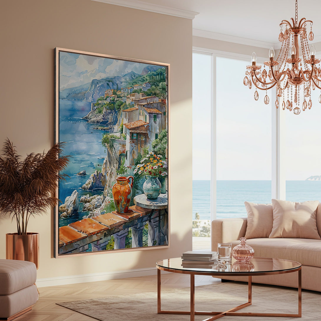 Framed Wall Art: Coastal watercolor painting in blues & earth tones. Perfect for adding a touch of serenity to any space. Shop now and elevate your home decor!