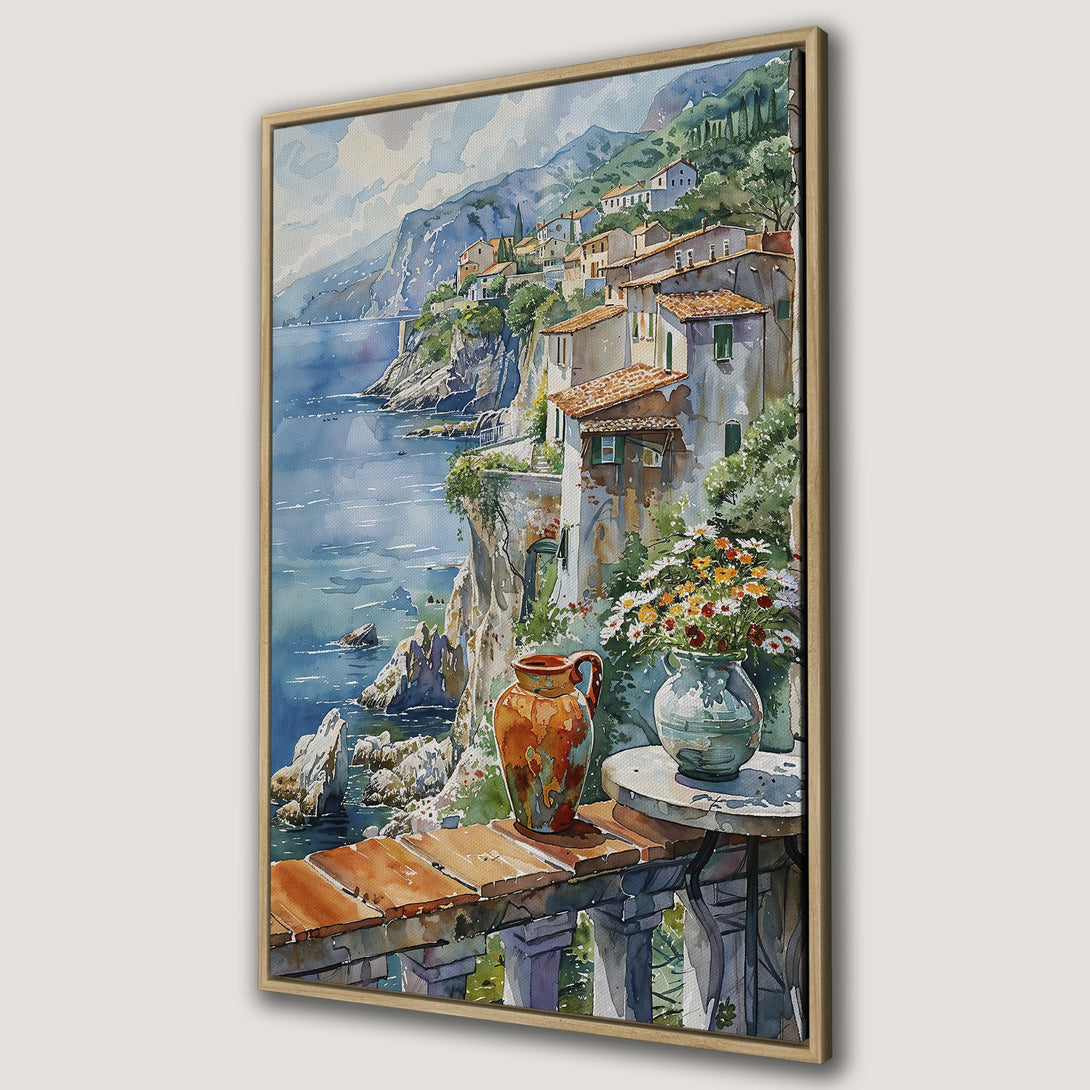 Framed Wall Art: Watercolor painting of coastal Italian village. Blue, green, and terracotta hues. Perfect for adding a touch of Mediterranean charm to your home.