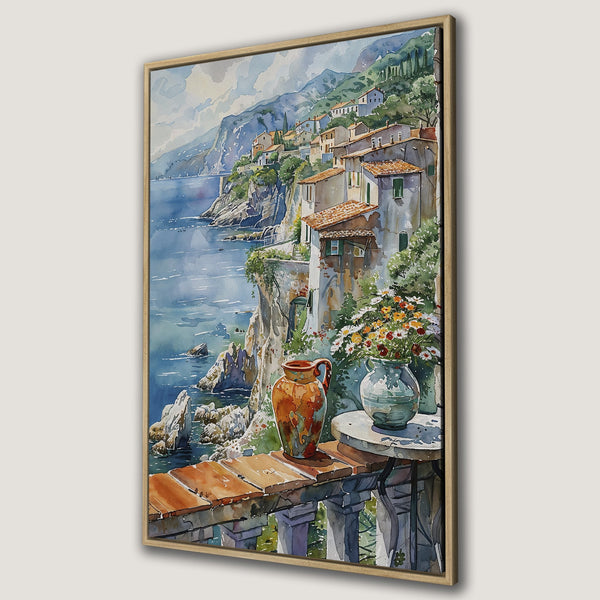 Framed Wall Art: Watercolor painting of coastal Italian village. Blue, green, and terracotta hues. Perfect for adding a touch of Mediterranean charm to your home.