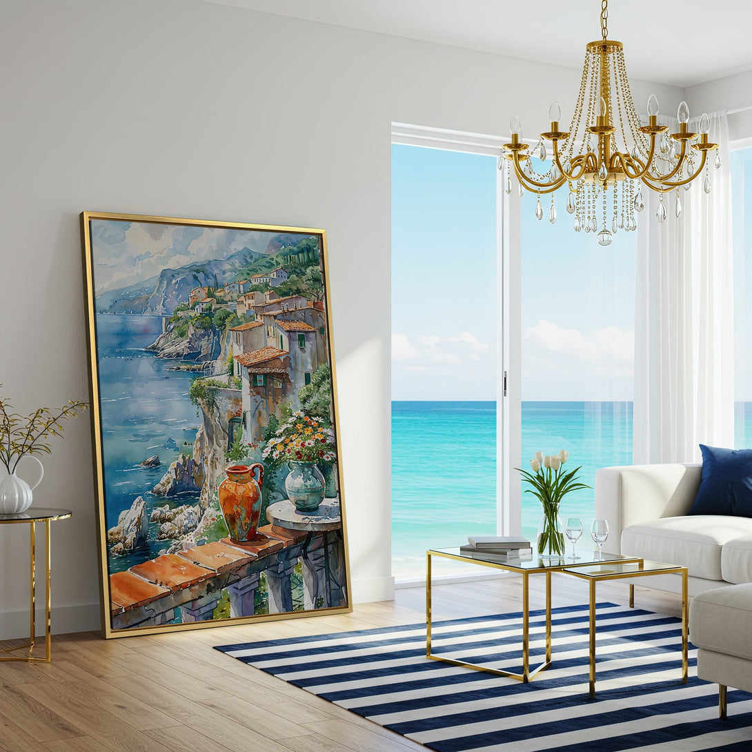 Canvas Print of a coastal watercolor scene. Mediterranean style art with blues, greens & warm tones. Perfect wall decor for any room.