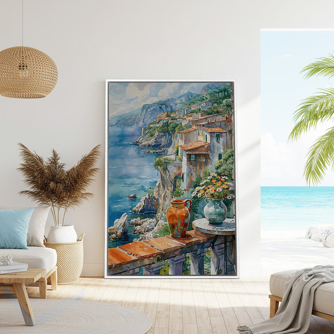 Framed Wall Art featuring a watercolor coastal scene in blue and terracotta hues. Perfect for adding a touch of Mediterranean charm to your home decor.