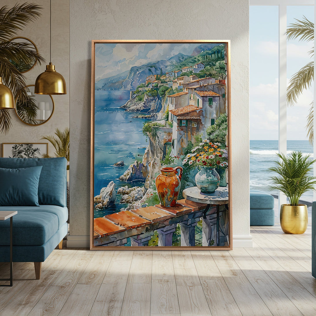 Framed Wall Art: Coastal watercolor painting of a village by the sea. Featuring blue, green, and orange hues. Perfect for adding a touch of serenity to your home.