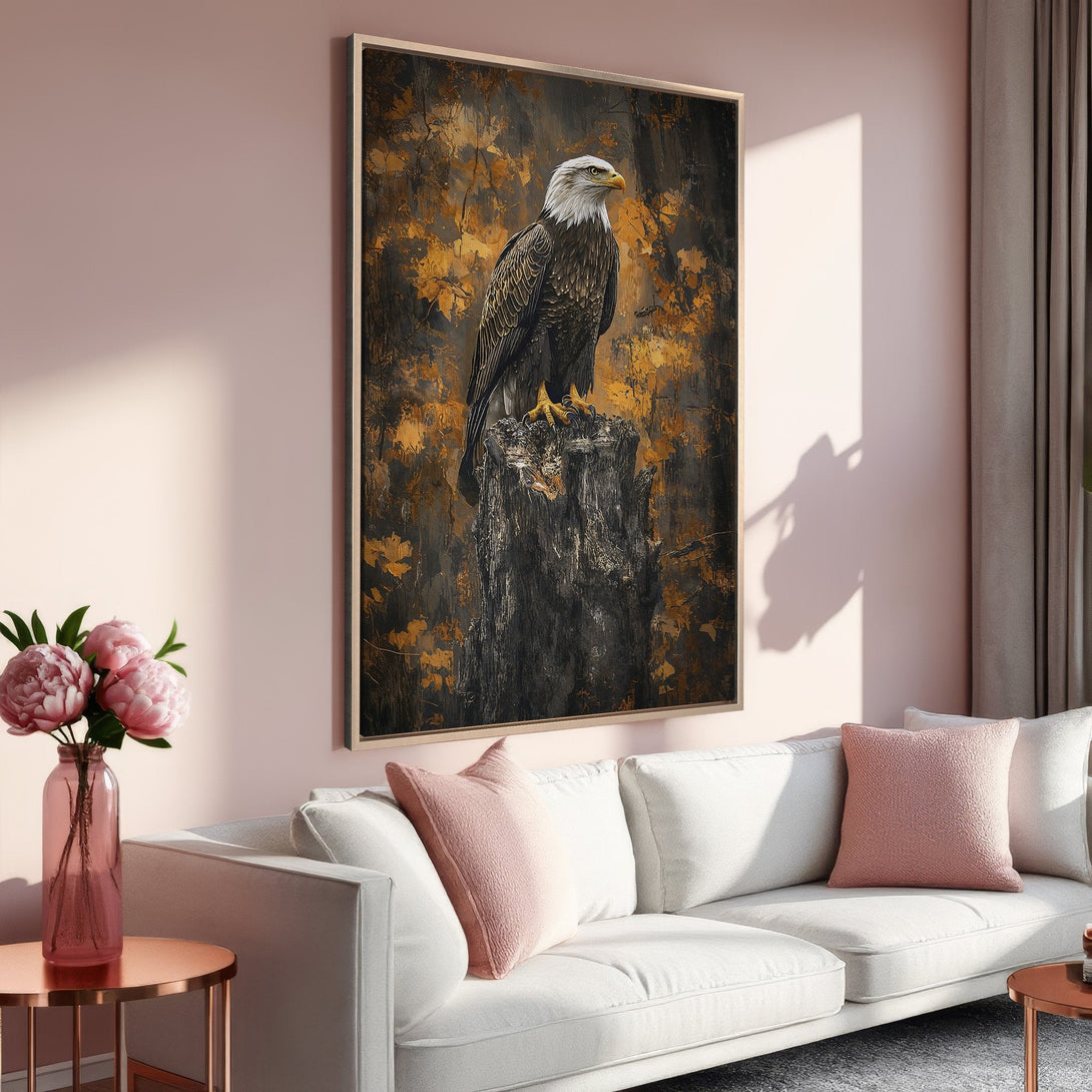 Framed Wall Art: Majestic eagle canvas print in a warm, earthy palette. Perfect for adding a touch of nature and elegance to your living room.