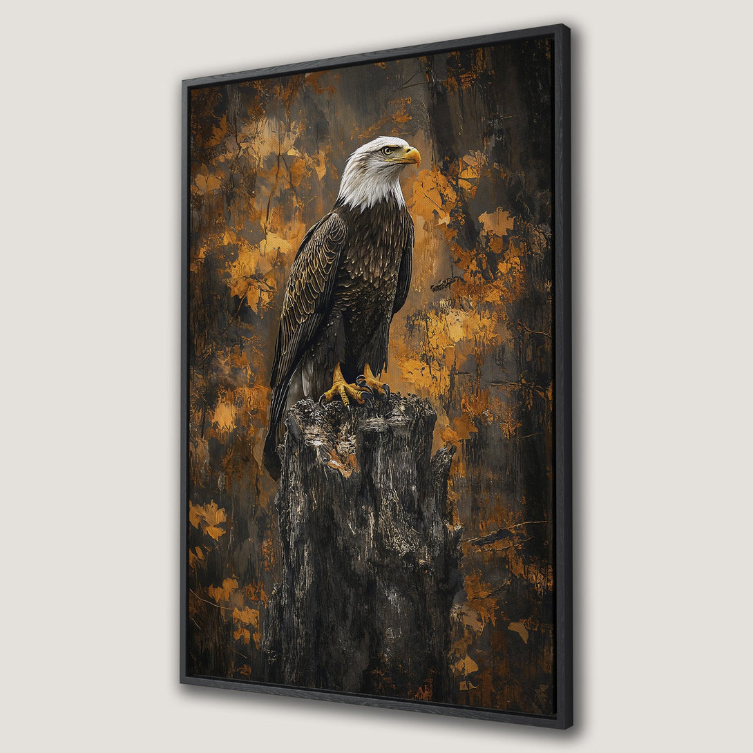 Framed Wall Art featuring a majestic eagle in a dark, abstract style with gold and brown tones. Perfect for adding a touch of nature to your decor.