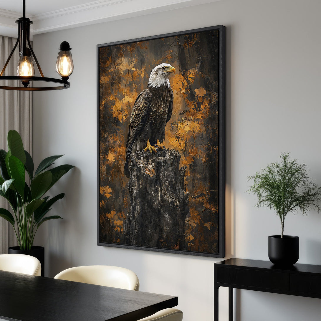 Framed Wall Art: Majestic bald eagle canvas print with a dramatic, textured style in a warm, earthy color palette. Perfect for adding a touch of nature to any space.