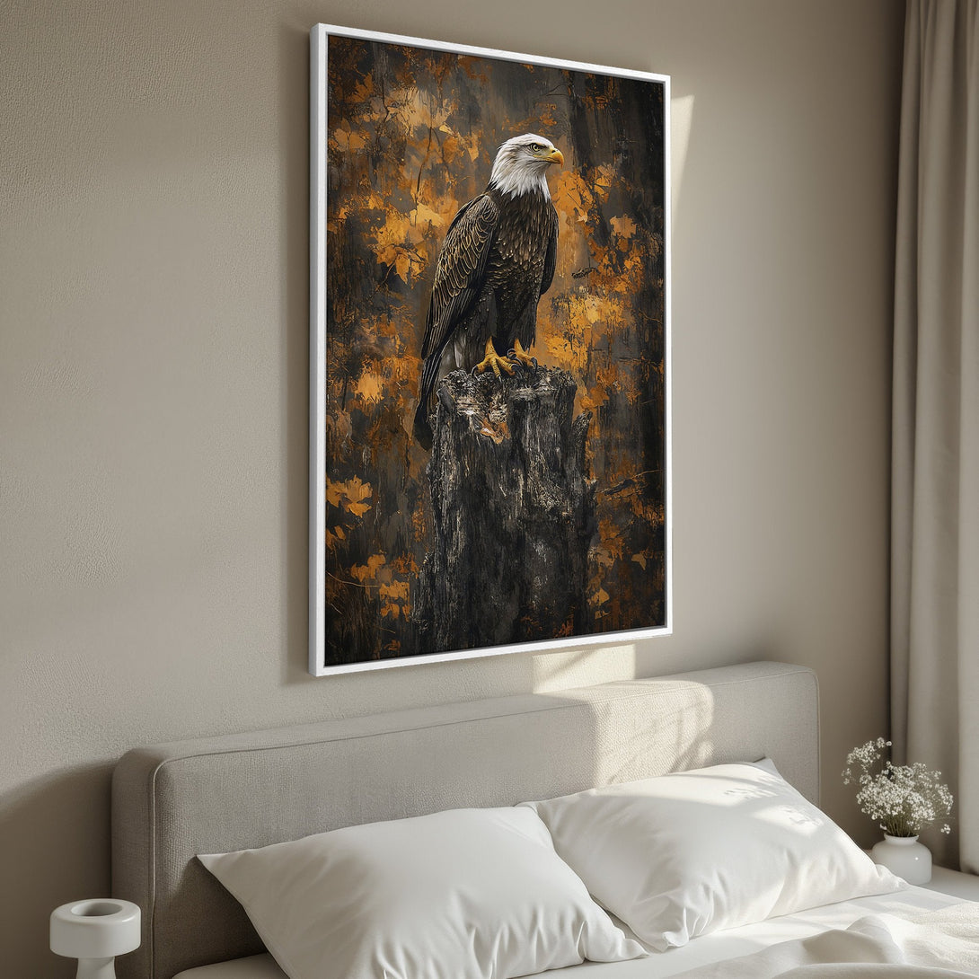 Framed Wall Art: Majestic bald eagle perched on a tree stump. Stunning artwork in a warm, earthy color palette. Elevate your home decor today!