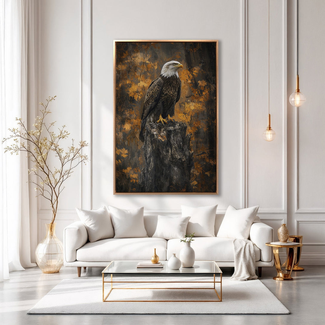 Framed Wall Art featuring a majestic eagle. Dramatic, painterly style with a gold, brown, and black color palette. Perfect for adding elegance to your space.