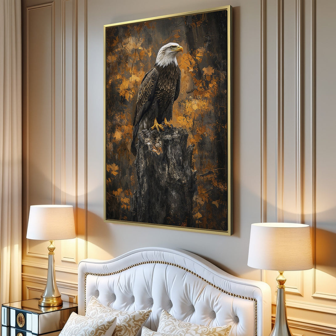 Canvas Print of a majestic eagle perched on a stump, showcasing a rich, earthy color palette. Perfect for adding a touch of nature's beauty to your home.