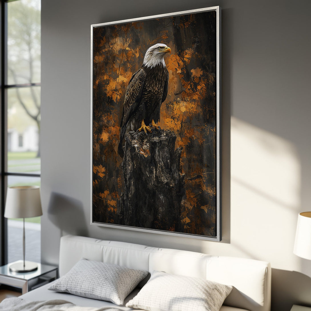 Framed Wall Art: Majestic eagle canvas print in warm autumn tones. Rustic style, featuring a bold eagle perched on a tree stump. Enhance your home decor!