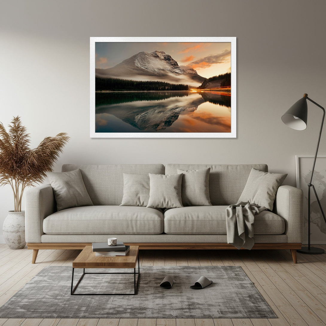 Framed Poster of a mountain landscape with a serene lake. Nature-inspired art in warm, earthy tones. Perfect for home decor.