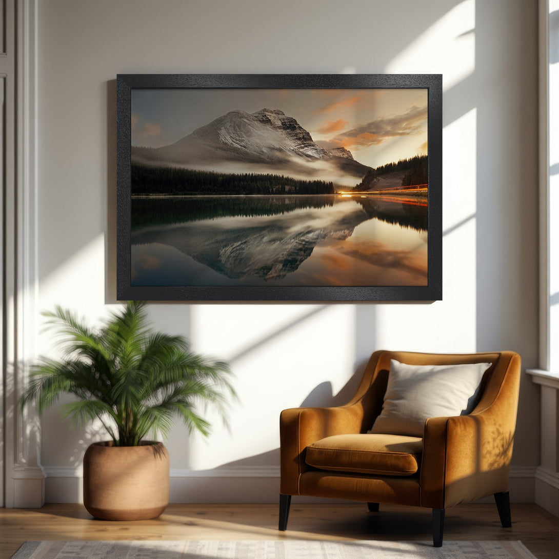 Framed Poster of a mountain landscape in a warm color palette, perfect for home decor.