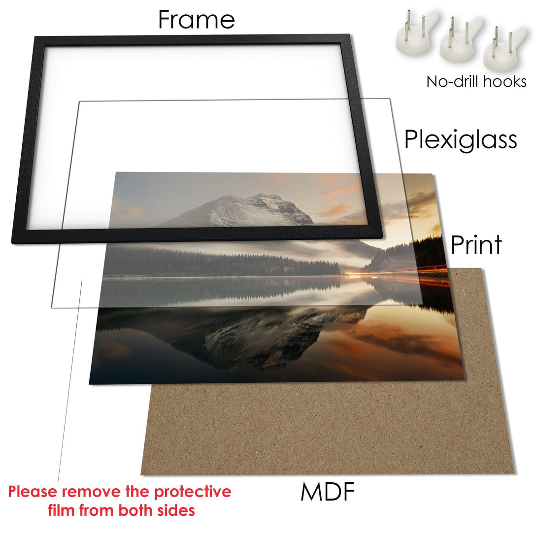 Framed Poster featuring a serene landscape with warm colors. Perfect wall art for your home!