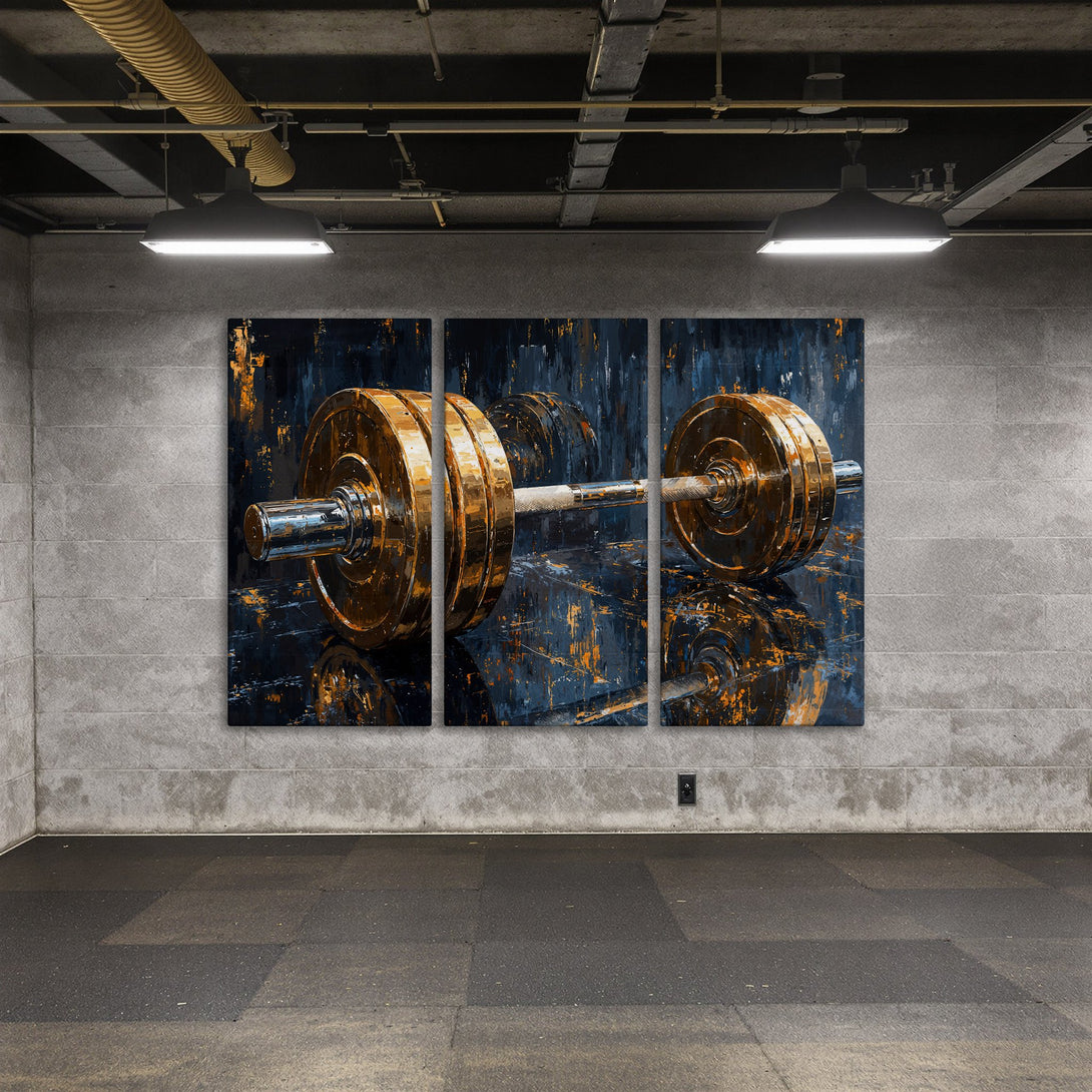 Canvas Print: Abstract barbell art in a modern gym setting. Features dark blue, gold, and orange tones, perfect for home or gym decor.