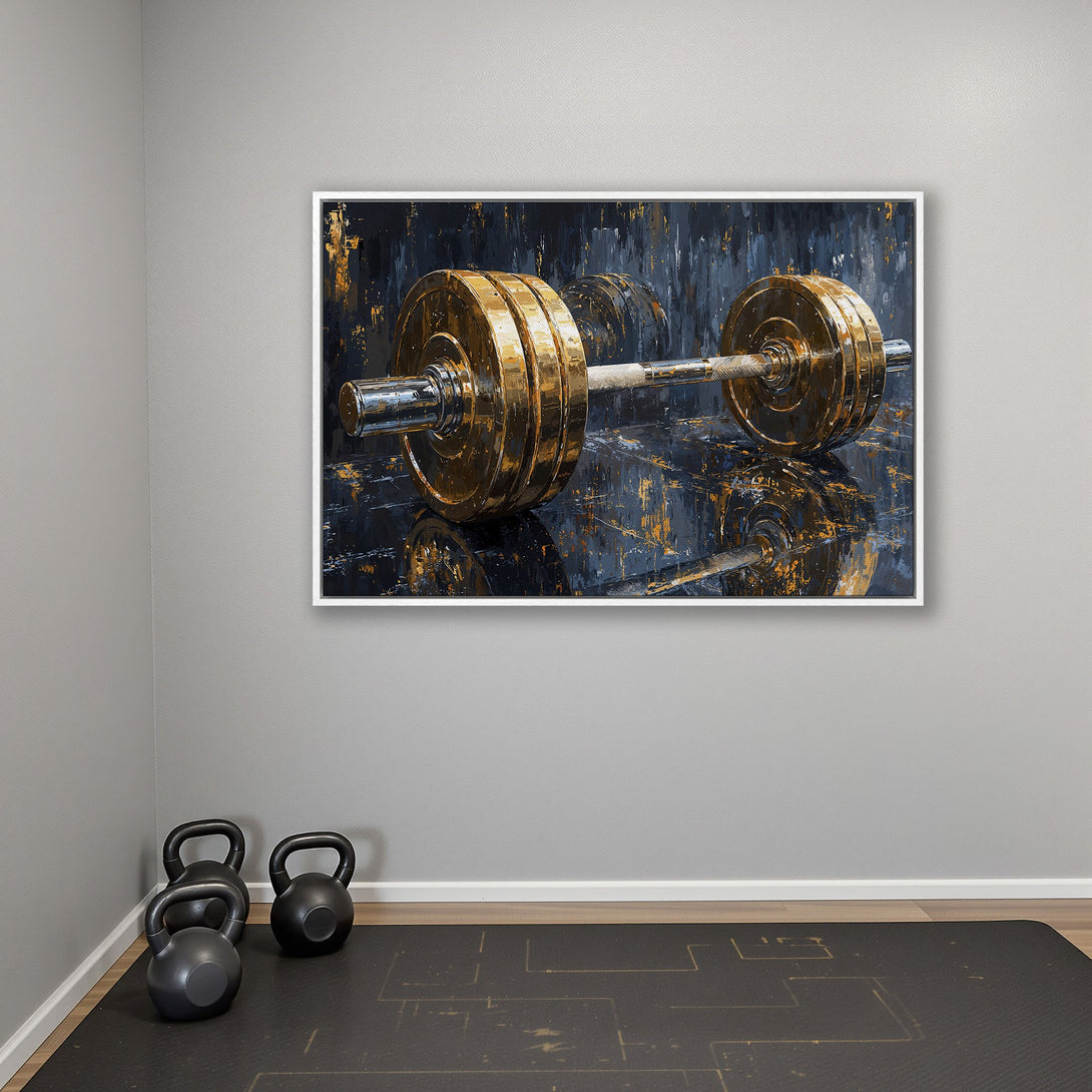 Framed Wall Art: Abstract barbell painting in gold and navy blue. Modern gym decor. Canvas print adds a touch of luxury to any workout space.