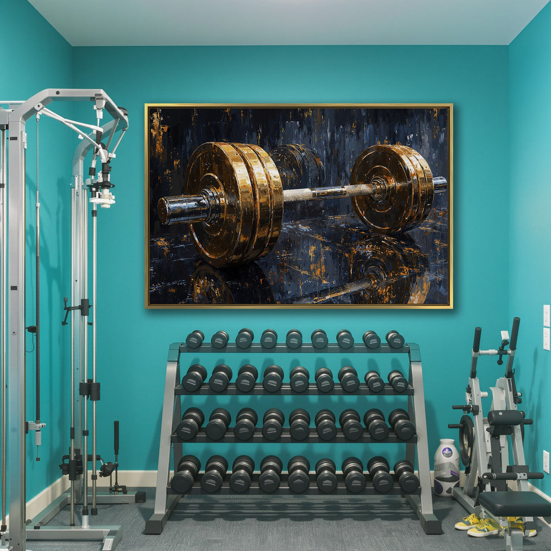 Canvas Print of a barbell in an abstract style, featuring a gold and blue color palette. Perfect gym decor!