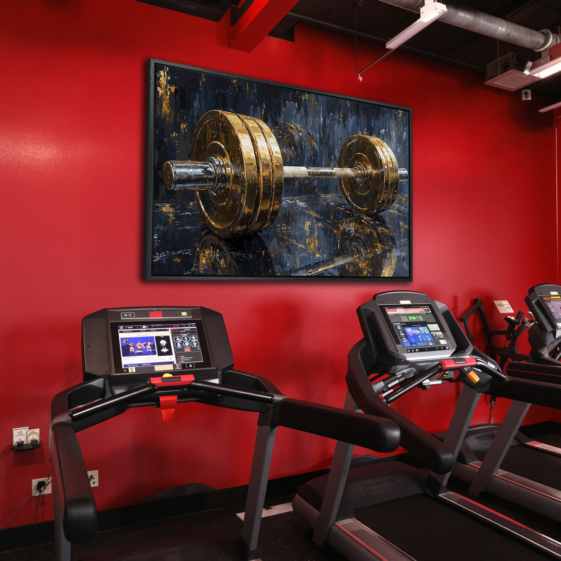 Framed Wall Art: Abstract barbell painting in gold and black. Modern art canvas print adds style to a gym with red walls. Elevate your space!
